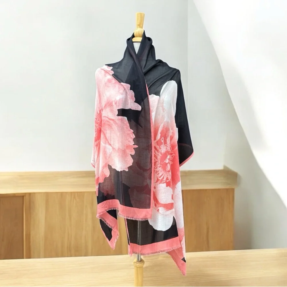 Pink & Black Floral Scarf Wrap Shawl Frayed Edge Lightweight 72 x 25